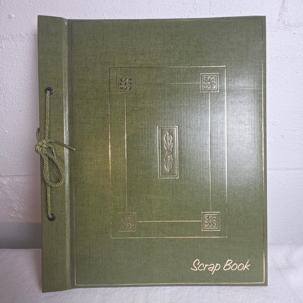 Vintage 60s Olive Green Scrapbook Gold Foil Embossed Cord Tie Blank Manila Pages